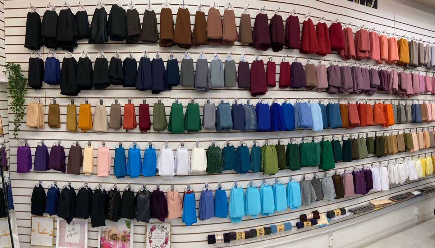 The extensive wall of hijab colours inside Nasiye's Ottawa store
